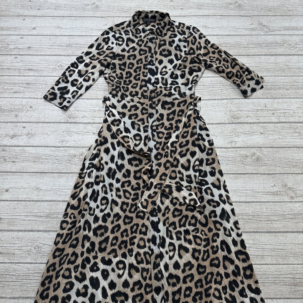Banana Republic Dress Women's 2P Brown Leopard Print Maxi Front Tie 3/4 Sleeve